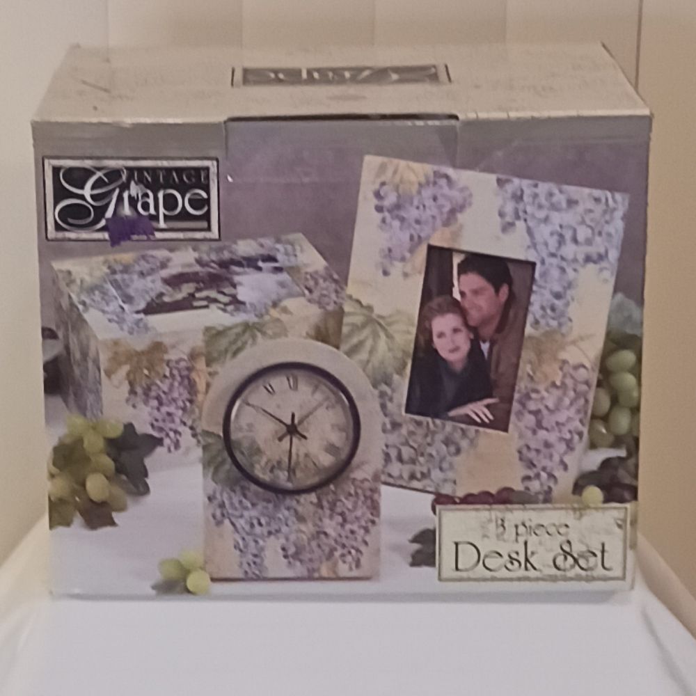 Gift Clock Grape Desk Set. Clock,Tissue Box, and Photo Frame. Yellow Print